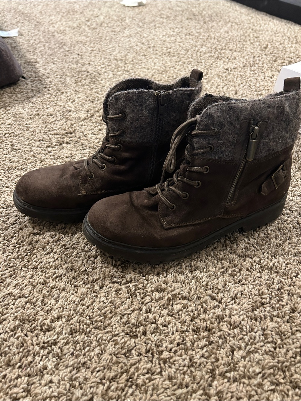 Natural Reflections Brown Suede Lace-Up Ankle Boots with Gray Wool Collar